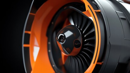 Close-up of a powerful jet engine turbine with orange accents, showcasing intricate details and technological advancement.