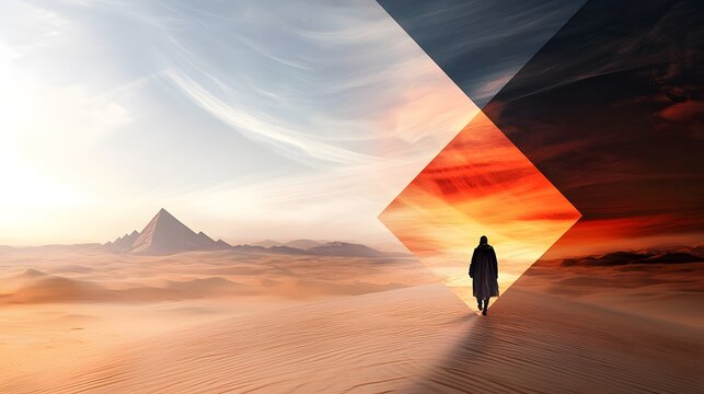 Lone wanderer in a surreal fractal desert landscape of egypt
