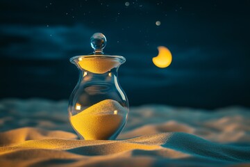 Night desert hourglass, time passing, sand flowing