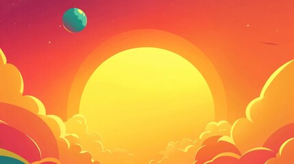 Vibrant sunset with a large sun, clouds, and a small planet in the distance.