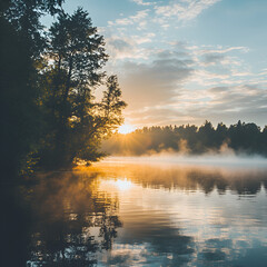 Fototapeta premium Golden Haze over the Lake: A serene lake mirrors the dawn's embrace, the sun's golden rays piercing through a gentle mist, casting a warm glow on the surrounding trees and water.