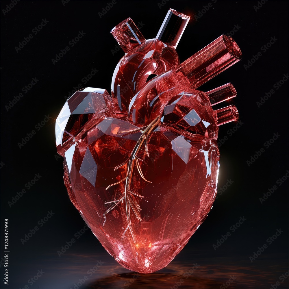 Poster an anatomically-accurate heart made of red crystal.