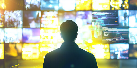 Analista observa una serie de pantallas en un centro de operaciones SOC de ciberseguridad