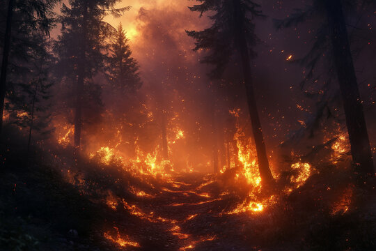 Bosque en llamas durante la noche