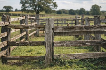 Fototapeta premium Close Up View of Rustic Aged Wooden Farmyard Fence Barrier