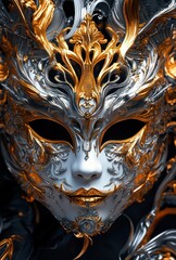 Digital illustration of an intricate Venetian mask with gold and silver highlights, on a black background