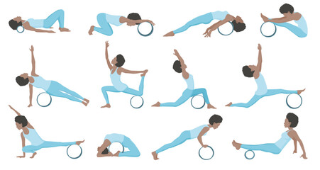 Set of vector illustrations demonstrating exercises with yoga wheel. Young woman workout fitness.
