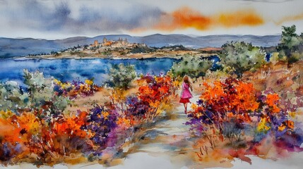 Obraz premium Little Girl Walking in Colorful Landscape Near Water and Mountains