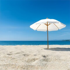 White Umbrella on Sandy Beach Under Blue Sky