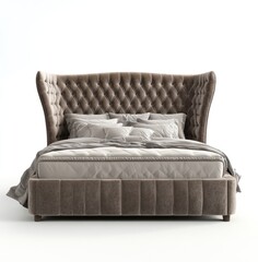 Obraz premium Villa bed, luxurious velvet fabric with a deep diamond-patterned headboard and wide wings, isolated on a white background