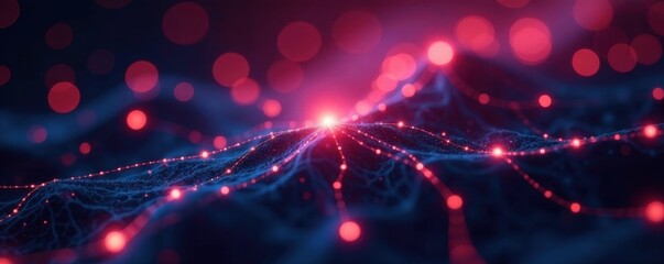 Abstract network nodes & connections glowing brightly, data center, communication