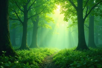 Naklejka premium Abstract green forest, diffused light, hazy atmosphere, backdrop, spring, natural