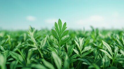 Obraz premium Lush carrot tops growing against a clear sky, highlighting sustainable agriculture