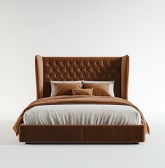 Voluminous soft bed with a high headboard made of brown velvet fabric, isolated on a white background.