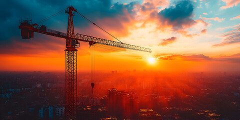construction crane silhouetted against vibrant sunset sky over cityscape