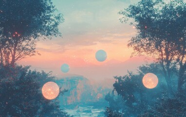 Abstract light orbs floating in a dreamy, surreal landscape
