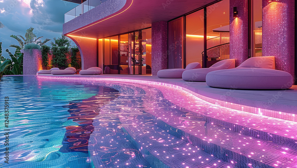 Poster The craziest most extraordinary and extravagant and most vibrant pool in a backyard with RGB lights and bright vibes.