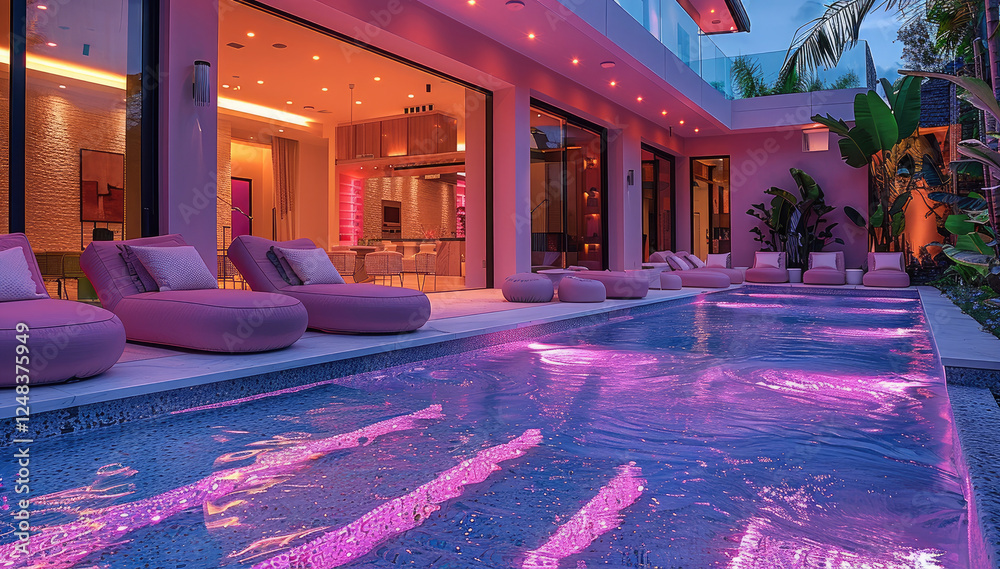 Aufkleber The craziest most extraordinary and extravagant and most vibrant pool in a backyard with RGB lights and bright vibes.