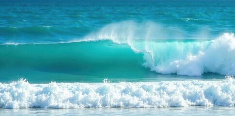 Azure turquoise ocean waves crash, white foam crests , sea texture, day, bright blue