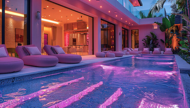 The craziest most extraordinary and extravagant and most vibrant pool in a backyard with RGB lights and bright vibes.