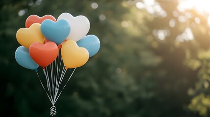 Vibrant Display of Heart Shaped Balloons in Bright Colors Against a Soft Nature Background
