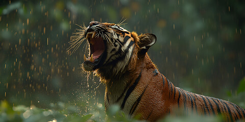Wild tiger roaring in monsoon soaked forest, showcasing its fierce nature