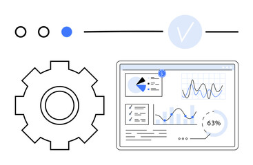 Gear icon, graphs, charts, progress bar, completion checkmark, and process steps. Ideal for productivity, analytics, automation workflow performance strategy abstract line flat metaphor