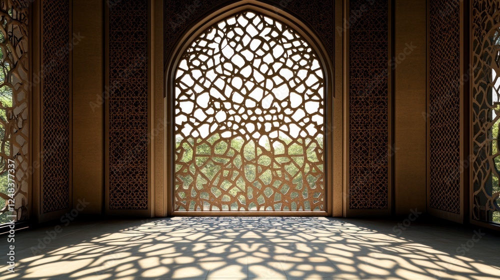 Poster intricate architectural design featuring a large ornate window