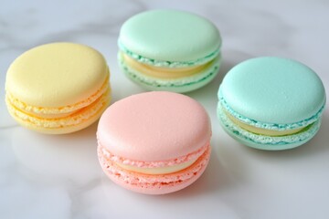Fototapeta premium Soft Pastel Macarons on White Marble Background