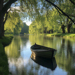 A small boat drifting along a quiet river, with trees reflecting on the water and a calm, peaceful atmosphere