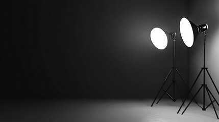 A black room studio with a white gradient spotlight background provides a sleek and professional