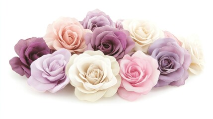 Fototapeta premium A cluster of pastel roses in soft shades of pink, lavender, and cream, arranged harmoniously on a white background