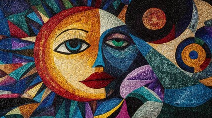Abstract Mosaic Sun and Face Art Piece
