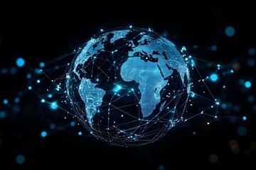 Obraz premium A digital representation of Earth with a network of connected nodes, symbolizing global connectivity and technology. Concept Digital Earth Model, Global Connectivity, Network of Nodes