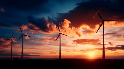 Wind Turbines Silhouetted Against Vibrant Sunset