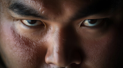 Naklejka premium A Fighter’s Gaze – An extreme close-up of a sumo wrestler’s face just before the match, his deep-set eyes focused, skin glistening, the weight of years of discipline in his expression