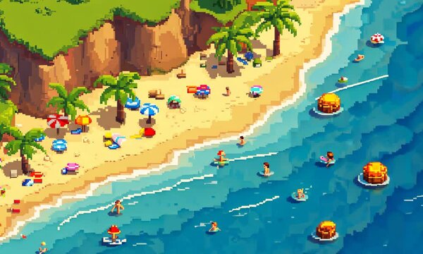 A peaceful summer beach scene in pixel art style, featuring waves, swimming people, beach umbrellas, beach chairs, cliffs, and palm trees.