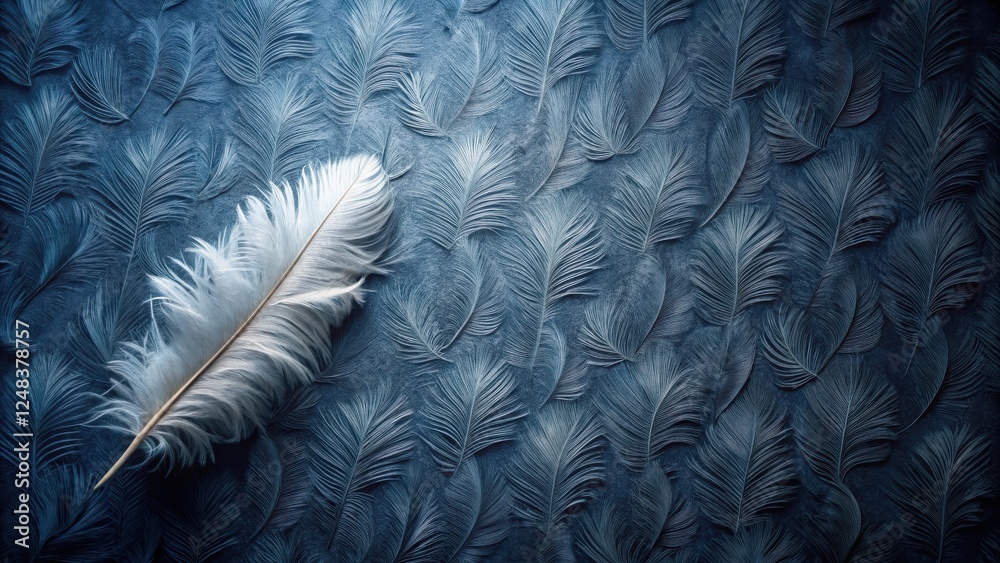 Wall mural A single, pristine white feather rests gently upon a bed of delicately arranged, deep blue feathers, creating a serene and visually captivating composition.