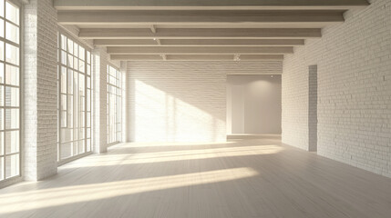 Obraz premium empty white brick wall industrial style bright wood floor 3d render illustration
