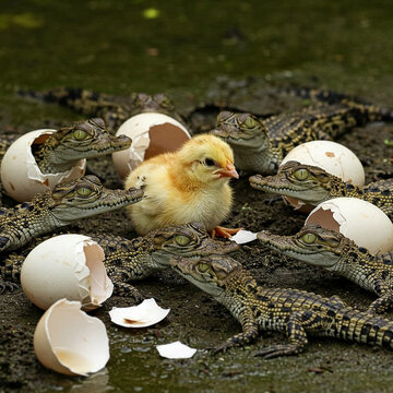 a little chick born among crocodiles. defenselessness