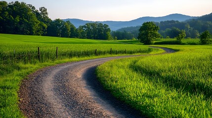 Winding Country Road Through Green Meadow