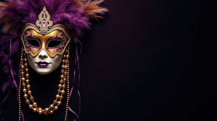 Vibrant Canrival Mardi Gras Mask on the Left with Glowing Beads and Feathers. Generated AI