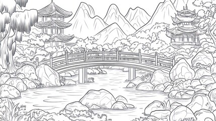 Serene Asian garden scene with bridge, pagodas, mountains; coloring book page