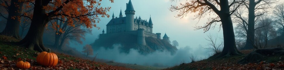 Fototapeta premium Dark castle, misty autumn, bare trees, pumpkins, tower, halloween, fantasy