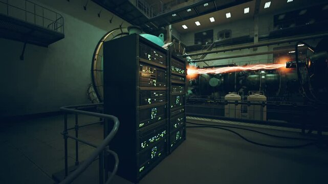 A futuristic laboratory features advanced technology and glowing control panels. An energy discharge flows dramatically, illuminating the high tech environment.
