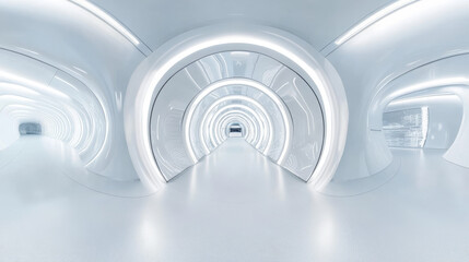 Obraz premium Full 360 degree equirectangular panorama hdri of modern futuristic white hallway interior 3d render illustration