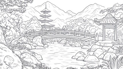 Serene Japanese Garden Bridge, Pagoda, Mountains. Coloring page