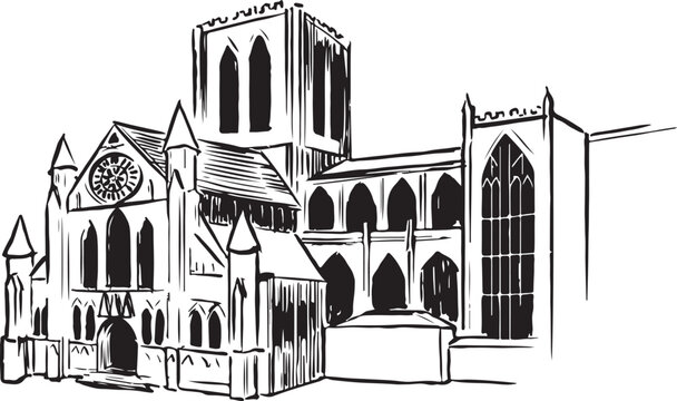 York Minster, York, England black and white ink sketch. Majestic Gothic cathedral with intricate stonework, towering spires, and stunning stained glass windows. Tourism, travel, and cultural heritage 