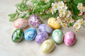 Obraz premium Colorful Easter Eggs with Spring Decorations
