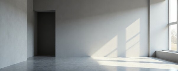 Fototapeta premium Vast gray wall, minimalist hallway, subtle shadows, interior, shadow